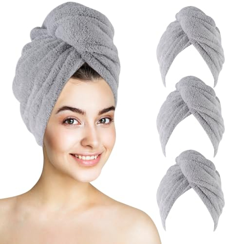 KinHwa Confezione da 3 asciugamani per capelli in microfibra, super assorbenti, turbante per capelli con bottoni, morbidi e anti crespo, per donne, capelli spessi, lunghi, bagnati, 65 x 25 cm, grigio