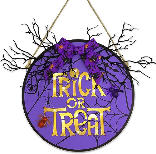 Wironlst Halloween-Türdekorationen Trick or Treat Schild beleuchteter Halloween-Kranz Spinnennetz Spinnennetz Fledermaus tote Baumäste Schleife Willkommensschild für Haustür Zuhause Wand Veranda
