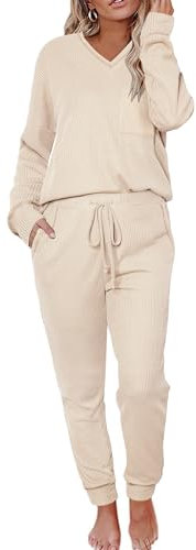 Becotal Damen-Pyjama-Set, Waffelstrick, 2-teiliges Lounge-Set, Nachtwäsche, Loungewear, Pyjama-Set, langärmelige Oberteile und Hosen, Herbst 2024, B_Beige, L
