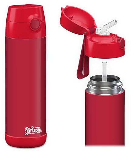 Jarlson® Trinkflasche Kinder - Thermo Edelstahl Wasserflasche 500ml - BPA frei - auslaufsicher - Kinderflasche mit Strohhalm - Flasche für Schule, Kindergarten (Rot, 500 ml)