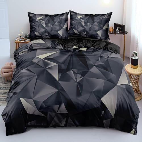 Luowei 3D Bettwäsche 155x220cm Bettwäsche Set 3D Geometrie Design Grau Schwarz Weich Mikrofaser Bettbezug mit Reißverschluss und 2 Kissenbezüge 80x80cm