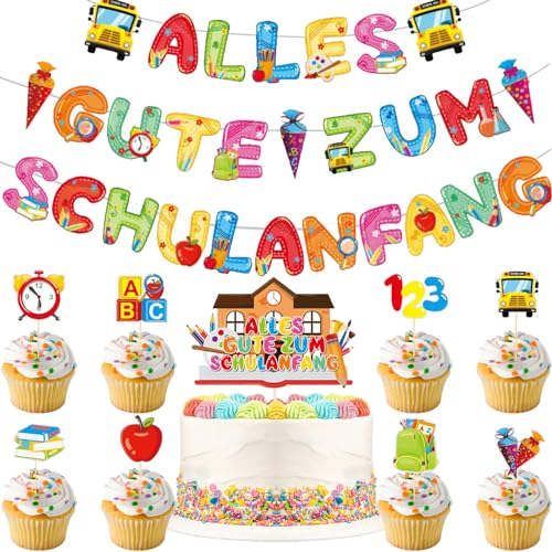 10 Stück Einschulung Tortendeko, Schulanfang Tortendeko, Alles Gute zum Schulanfang Girlande, Einschulungsdeko Mädchen Junge, für Junge Mädchen Schultag Schulanfang Party Deko