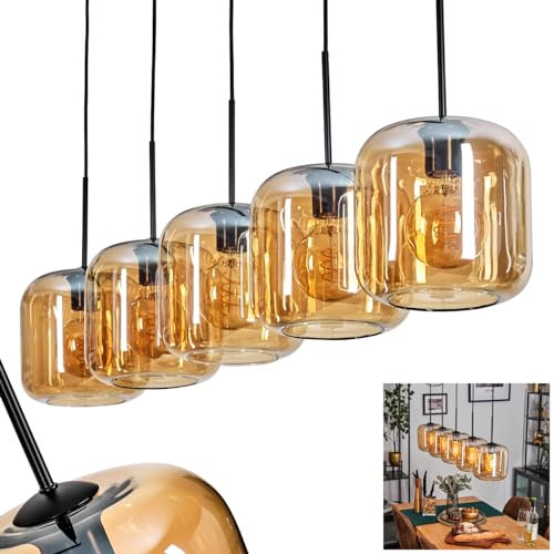 Pendelleuchte Lauden, Pendellampe aus Metall/Glas in Schwarz/Bernsteinfarben, Leuchte im modernen Retro/Vintage-Design mit Schirmen aus Glas (Ø 20 cm), Höhe max. 147,5 cm, 5 x E27, ohne Leuchtmittel