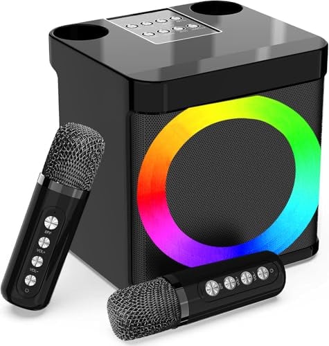 Karaoke 2 microfonos inalambricos, Karaoke Profesional, Altavoz Karaoke portatil,Efectos de Cambio de Voz y Luces LED para Fiesta en casa, Iglesia, Picnic, al Aire Libre, Regalo para niños y Adultos