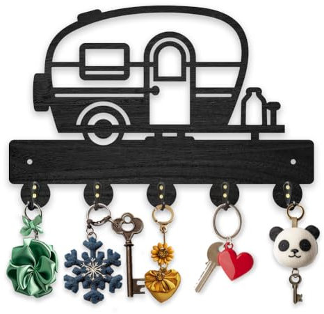 MAYJOYDIY Holz Wohnmobil Schlüsselhaken Wandmontage Outdoor Motive Garderobenständer Für Wand 30×20cm Schwarzer Schlüsselhalter Mit 5 Legierung Haken Für Eingangsbereich Schlafzimmer Heimdekoration
