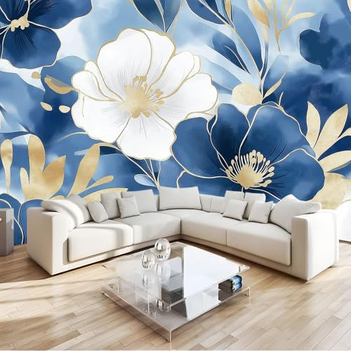 3D Panoramique Murale Fleurs Aquarelles Bleues Papier Peint Intissé 350x256 cm pour Salon Chambre Enfant Chambre Décoration Murale Poster Tableaux Photo Muraux