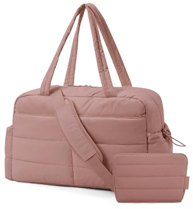 bagsmart 31L Puffer Tote Gym Bag for Women, Weekender Overnight Organiser Personal Item Carry On Bag with Laptop Compartment, Travel Duffle & Trolley Sleeves - Dark Pink