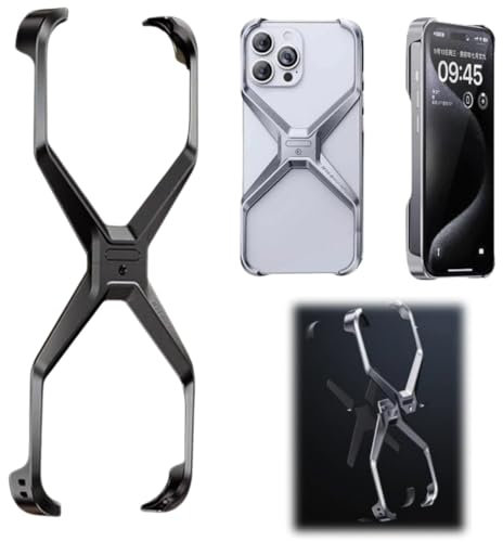 X Shape Anti-Fall Bare Phone Case,X Shaped Metal Frame for iPhone 16 15 14 13 12 Pro Max,Frameless Aluminum Alloy Hollow Metal Corner Pad Anti-Fall Bare Phone Case