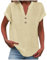 Women's Summer Cotton Linen Cap Sleeve T-Shirt Button V Neck Tunic Tops Lounge Baggy Solid Plain Casual Shirts Trendy Blouse