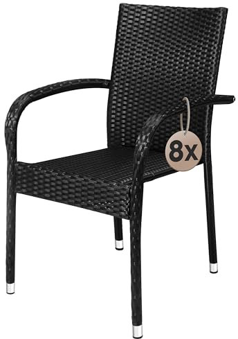 Casaria® Gartenstühle 8er Set Stapelbar Wetterfest Polyrattan Outdoor 160kg Garten Terrasse Balkon Stuhl mit Armlehne Gartensessel Stapelstühle Schwarz