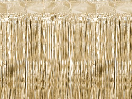 Lametta Vorhang 100x200cm - Folienvorhang mit Langen Fransen - Goldener Hintergrund für Fotoshootings - Partyvorhang Disco & Party Glitzer Deko - Hellgold