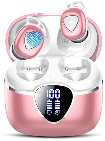 Wireless Earbuds, Bluetooth 5.4 Earphones In Ear with 4 ENC Noise Cancelling, 40H Mic Clear Calls Bluetooth Headphones Deep Bass, IP7 Waterproof Bluetooth Ear Buds, Compact Design LED Display, Pink