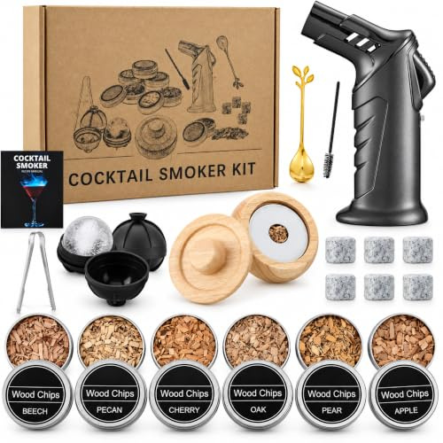 Cocktail Rökset – Presentkit med 6 Träflis, 2 Silikon Isformar och 6 Whisky Stenar – För Män & Whiskyälskare – Utan Butan (säljs separat)