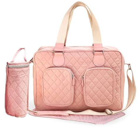 My Babiie Changing Bag Tote - With Insulated Bottle Holder, Portable Changing Mat, Baby Travel Bag, Nappy Messenger Bag, 2 Front Pockets - Pink Quilted