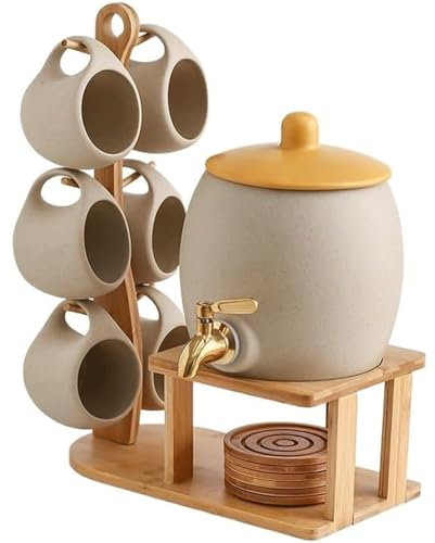 ZQDUFEA Iced Tea Pitcher Ceramic Cold Water Jug with Faucet, Tea Set with Cups*6 and Saucers, Wooden Cup Holder, Water Pitcher for Coffee/Juice Tea Party Set