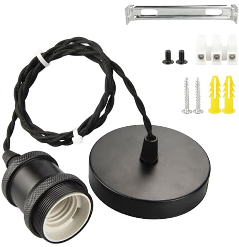 Urcianow Schwarze Deckenpendelleuchte mit E27-Fassung und 1M Verstellbarem Schwarzem Twist-Kabel passend für Deckenrosetten (Durchmesser: 10cm) Ideal für Deckenbeleuchtung, Bar, Cafe