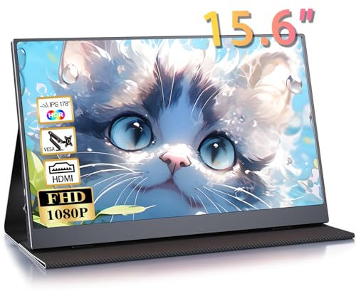 15,6'' Portable Monitor, 1080P FHD Tragbarer Monitor mit Schutzhülle, Mobiler Monitor IPS Bildschirm mit Lautsprechern, Ultra-Dünner Zweitbildschirm für Laptop/PC/Mac/PS4/Switch-USB-C & HDMI Anschluss
