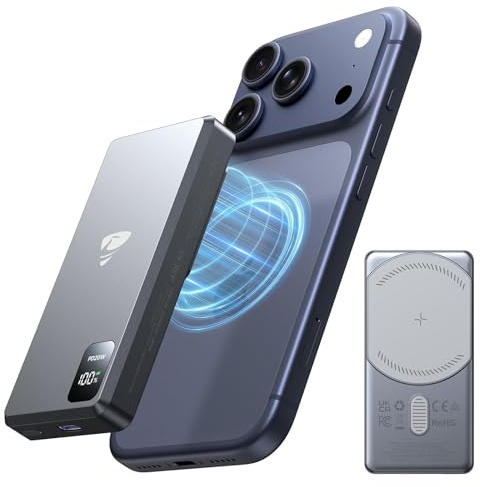 Magnetische Power bank 5000mAh, Kabellose Mini MagSafe PowerBank für iPhone 17/16/15/14/13, 15W Wireless Ladegerät & 20W PD Schnellladung, Tragbares Ladegerät mit USB-C Eingang/Ausgang und LED Anzeige