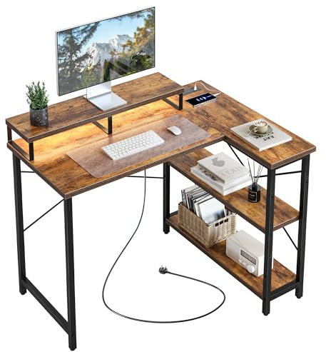 CubiCubi L Shaped Gaming Desk with LED Lights & Power Outlets, 105.5cm Computer Desk, Reversible Corner Desk with Monitor Stand for Home Office, Study, Play, Rustic Brown