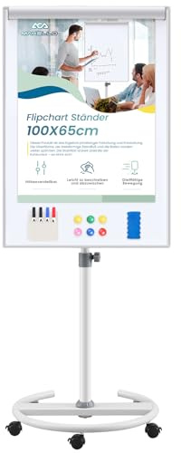 MAKELLO Flipchart Ständer 65x100cm Mobiles Whiteboard auf Rollen, Magnetisch Trocken Abwischbar, Höhenverstellbar, Rundfuß