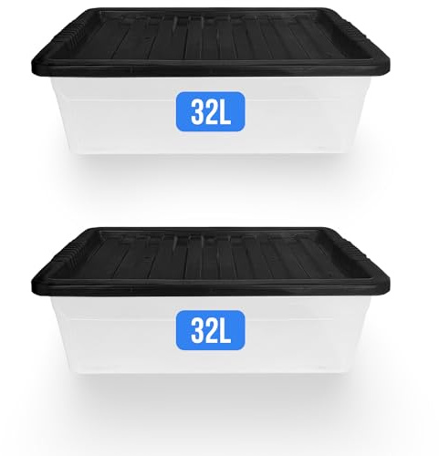 KAPCO 32 Litre Underbed Storage Box with Lid (Set of 2) - Medium Clear Plastic Containers for Bedroom, Shoe, Toy, Craft, Kitchen, Office - Stackable Organiser Set | Made in U.K
