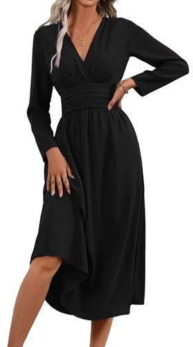 LIAMERHE Women's Winter Maxi Dress V-Neck Wrap Long Sleeve Spring Sundress Ladies Casual Elegant Plain Boho Dresses High-Waisted Beachdress for Autumn Black L