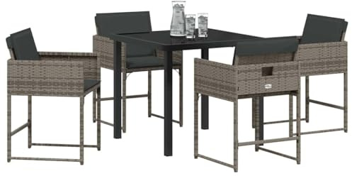 vidaXL 5 Piece Garden Dining Set with Grey Cushions, Synthetic Ratan, Steel Frame for 4 People, Outdoor Table and Chairs, Black Tempered Glass Surface, Furniture