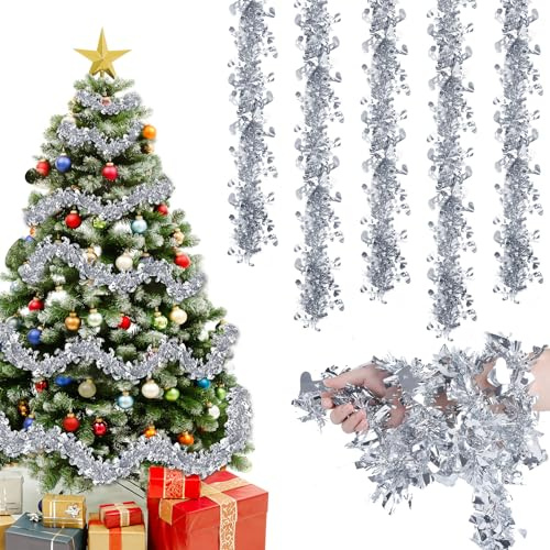 Joxessaien Lametta Weihnachtsbaum 8 Stück × 2 m – Weihnachtsgirlande 16 m Weihnachtsdeko Feine Lametta Girlande mit Glocken – Christbaum Deko für Innen & Außen (Silber)