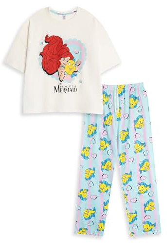 Disney The Little Mermaid Womens White Blue Yellow Short Sleeve Long Leg Pyjama Set | Ariel Flounder Print Sleepwear | Nightwear for Home Relaxation Merch