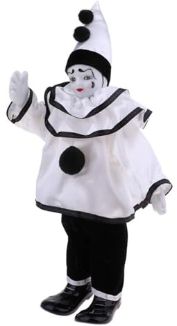 RETUOLWAG Clown-Puppe aus Keramik, Antik-Weiß, mit Glasaugen und glitzerndem Outfit für Regal, Tisch-Display, Heimbüro, Dekoration, Clown-Figur aus Keramik