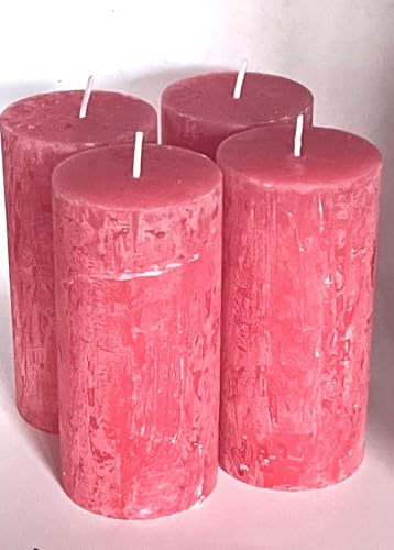 Løgum Kloster Lys dänische Blockkerze Stumpenkerze Rustik Rustikal ohne Duft durchgefärbt, 4-er Set (helles Weihnachtsrot 6x12cm)