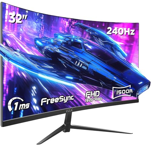 ZZA Monitor da gioco curvo da 32 pollici, alta frequenza di aggiornamento 240 Hz, FHD 1920 x 1080p, curvo 1500R, HDMI 2.0/DP1.4, MPRT da 1 ms, HDR, FreeSync, compatibile con VESA, inclinazione