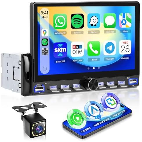 Hodozzy Radio para Coche 1 DIN con Carplay Android Auto Inalámbrico, Radio 7 Pulgadas con Pantalla Táctil 1 DIN con Bluetooth, Vídeo en Línea, FM, Tipo C/USB/AUX, Reproductor Multimedia con Cámara