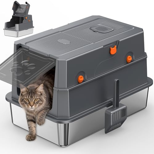 Bac à Litière INOX XXL – Grand Bac Fermé pour Chat, Gris foncé | Couvercle 180° Rabattable, Amovible pour Nettoyage Facile, Bords Hauts Anti-Fuite, Pelle à Litière Incluse, Large Capacité