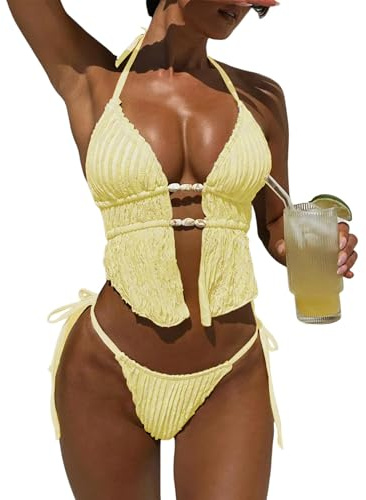 GRMLRPT Bikini-Set für Damen mit V-Ausschnitt Triangel Oberteil Badeanzüge Slip Verstellbare Schnürung Badeanzug Niedriger Taille Zweiteiliger Badeanzug(Mehrfarbig,S-L)