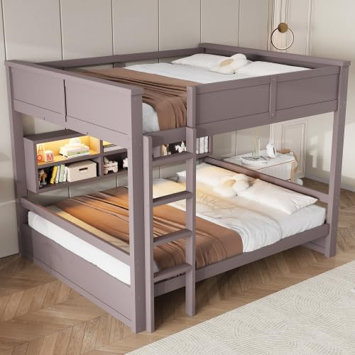 Merax 160x200 Etagenbett aus massivem Kiefernholz mit Stauraumschränken und LED-Licht, Braun – Stabile Konstruktion, Sicherheitsgeländer und praktischer Stauraum