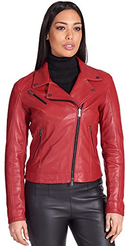 D'Arienzo Chiodo in Pelle Donna Rosso Vera Pelle Giacca Biker Giubbotto Moto Made in Italy KBC Rosso/S