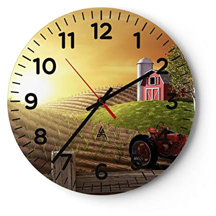 Modern Wanduhr Morgen Bauernhof Feld Plantage 40x40cm Rund Groß Wand Uhr Glas Analog Zimmeruhren Küche Büro Wohnzimmer Glasuhr Wall Clock Dekoration Design Wanddekoration Küchenuhr C4AR40x40-2639