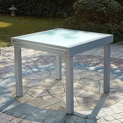 CONCEPT USINE - Table Salon de Jardin Aluminium Acier - Mobilier Extérieur Table Extensible Plateau Verre Trempé Revêtement Poudre Rallonge Coulissante - Gris Clair - Design Molvina - Résiste à l'eau