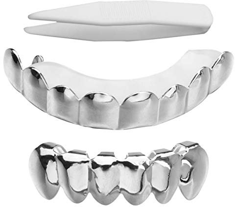 KESYOO Zähne Hip Hop Zähne Kappen Obere Untere Silber Zahn Kappen Punk Hip Hop Schmuck Halloween Musikfestival Karneval Festival Party Kostüm Zahnschmuck Cosplay Requisiten