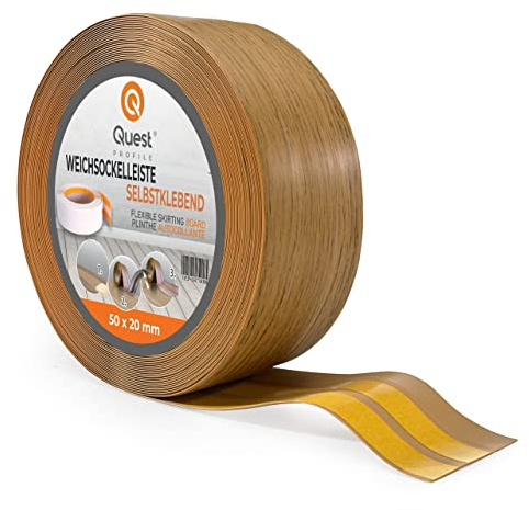 Quest Weichsockelleiste Selbstklebend - 50 mm x 20 mm - Sockelleiste PVC, Flexible Abschlussleiste, Knickleiste für Küche, Badezimmer, Wand, Boden - Dekorativ, UV-Beständig - 20 Meter, Eiche