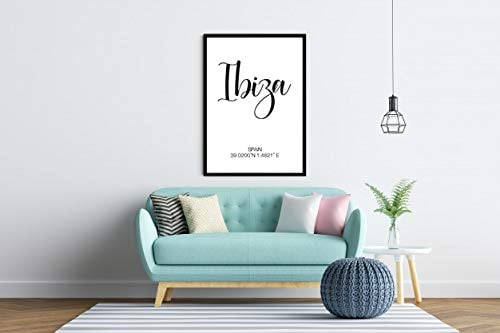 M&M Smartek Poster in A3 (mit Rahmen oder ohne) - IBIZA - SPAIN mit Koordinaten - Geschenk Zeichen Wohnkultur Wand Hochauflösender Kunstdruck Wanddekoration (Rahmen in schwarz)