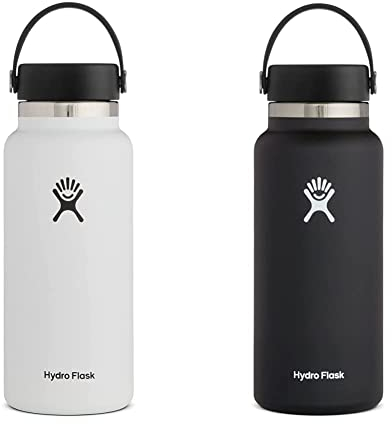 Hydro Flask Edelstahl und vakuumisoliert, große Öffnung mit auslaufsicherer Flex Cap, Trinkflasche, White, 946 ml + Trinkflasche, schwarz, 946 ml