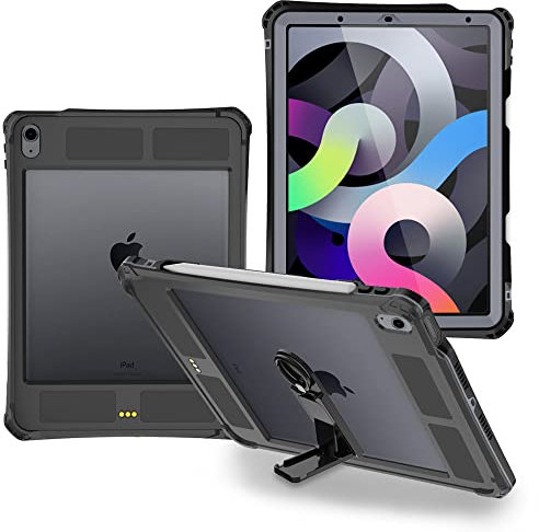 Shellbox Case for iPad Air 5&4 2020-2022, Waterproof Case Protective Dustproof Shockproof Case Cover with 360° Full-Body Protection, with Lanyard and Kickstand (Black)