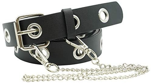 Ro Rox Hawk Goth Grunge Punk Gürtel mit Quadratischer Schnalle und Kette - Schwarz