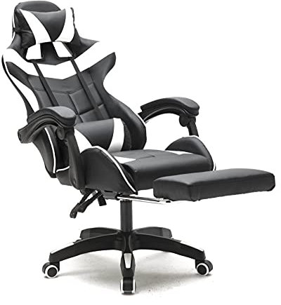 VDD Silla de gaming con reposapiés Cyclone Adolescente - Silla de oficina - Silla de oficina - Silla de juegos de carreras - Blanco Negro