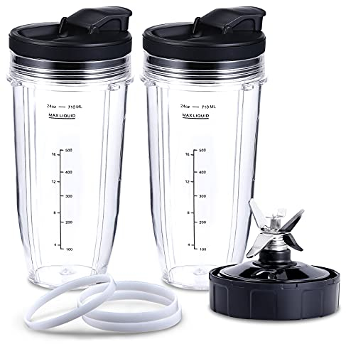 SLHOWOW Blender Replacement Parts,2pc 24oz/710ml Cups with 2 Lids,Gasket Rings and 7 Fins Extractor Blade,Compatible with Nutri Ninja 900W/1000W Series