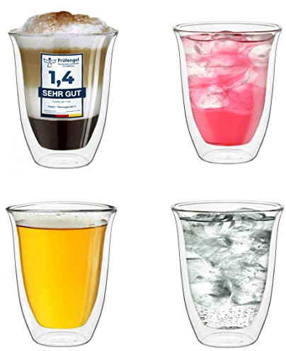 Creano doppelwandige Gläser 400ml „DG-V“, 4er Set, großes Thermoglas doppelwandig aus Borosilikatglas, Kaffeegläser, Teegläser, Latte Gläser, Doppelwandgläser