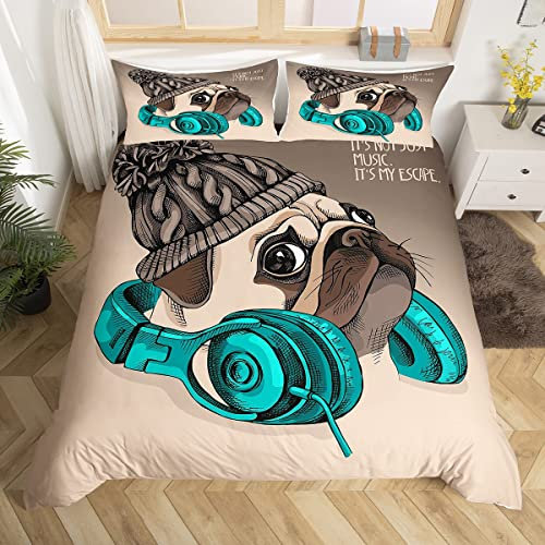 Süßes Mops Hund Bettwäsche Set 135x200cm Karikatur Haustier Hund Betten Set für Kinder Jungen Hippie Mops Welpen Bettbezug Set Musik Kopfhörer Tierthema Raumdekoration 2St mit 1 Kissenbezug