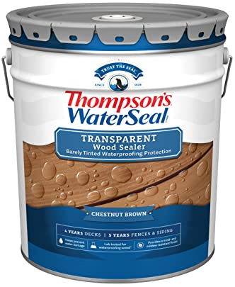 Thompson’s WaterSeal Transparent Waterproofing Wood Stain and Sealer, Chestnut Brown, 5 Gallon